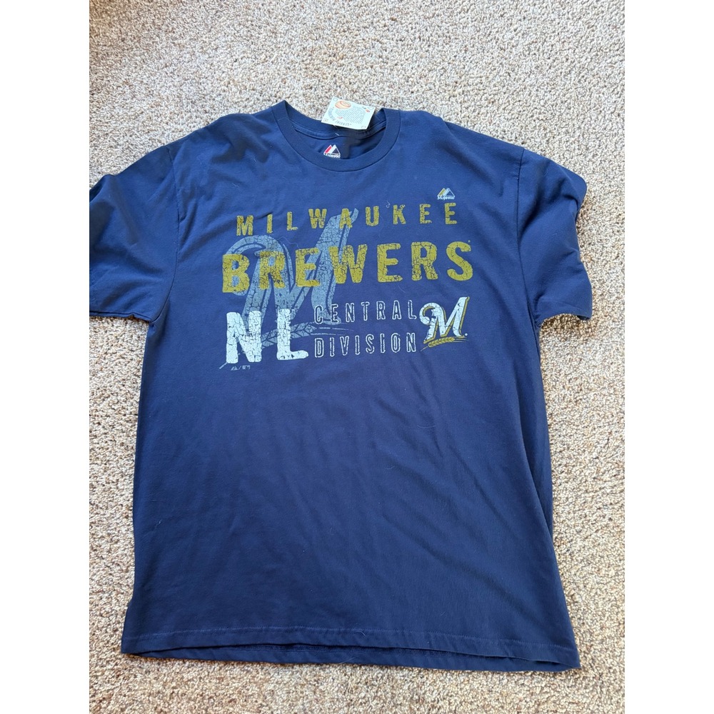 Majestic Milwaukee Brewers NL Central Navy Blue Graphic T-Shirt Mens XL NWT